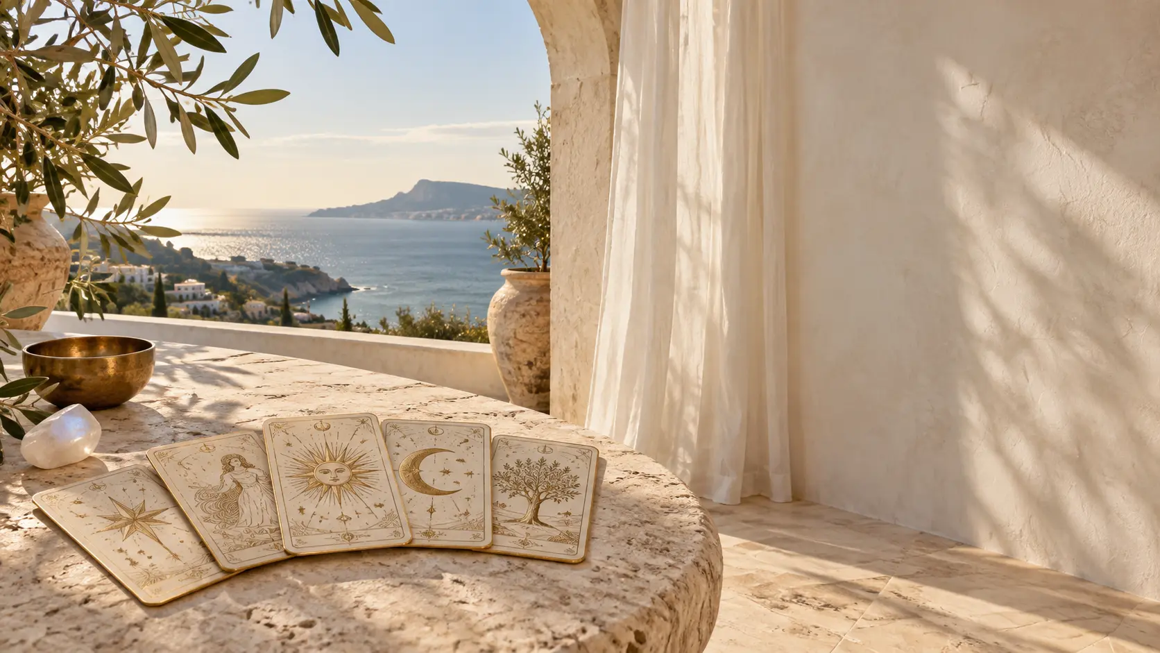 Gilded tarot cards on a sunlit Mediterranean terrace